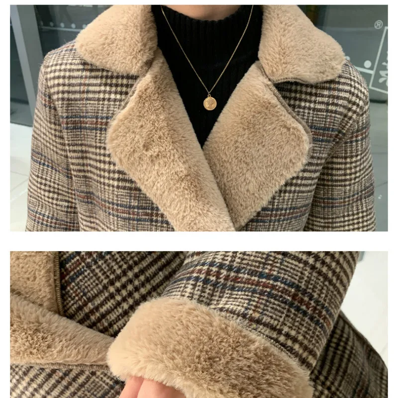 

Autumn and winter new lapel lamb wool coat women's fashion all-match British style lamb velvet plaid cotton clothing female tide