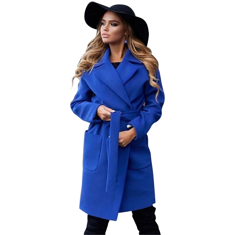elegant Long Women's coat lapel 2 pockets belted Jackets solid color coats Female Outerwear - Цвет: Royal Blue