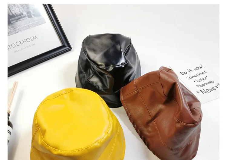 

2-5Y PU Bucket Hat 2021 Autumn Winter Cute Toddler Kids Baby Boys Girls Soft PU Leather Beanie Bucket Hats Fashion
