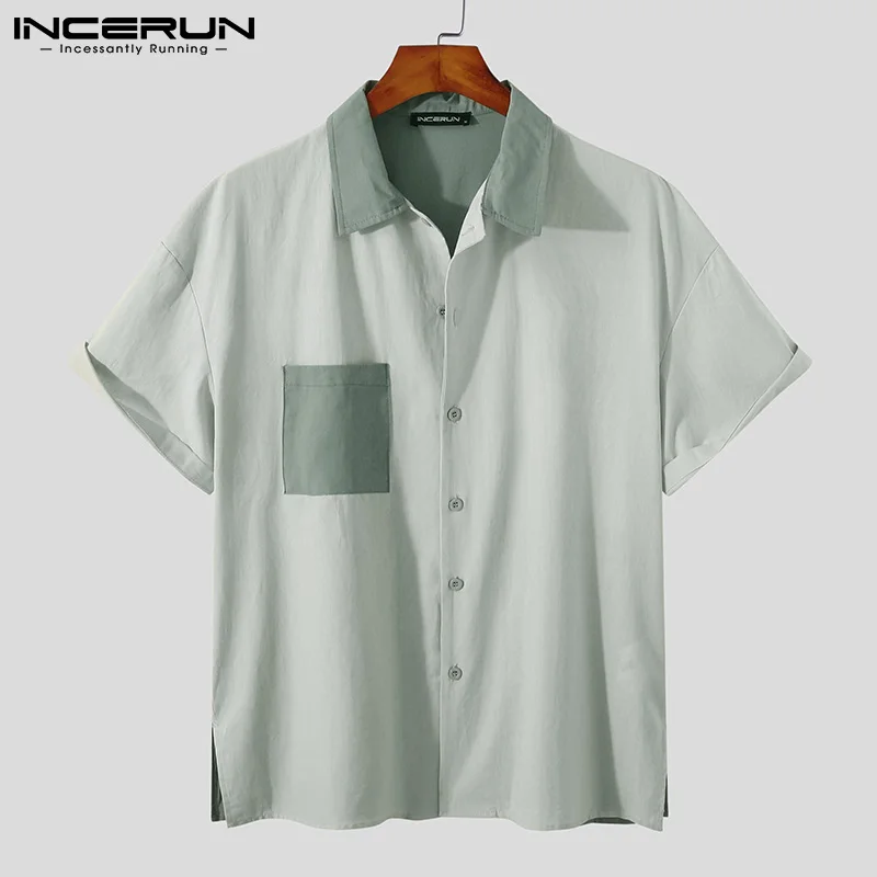 

INCERUN Summer Men Shirt Patchwork Cotton Lapel Short Sleeve Casual Camisa Masculina Streetwear 2022 Pockets Leisure Tops S-5XL