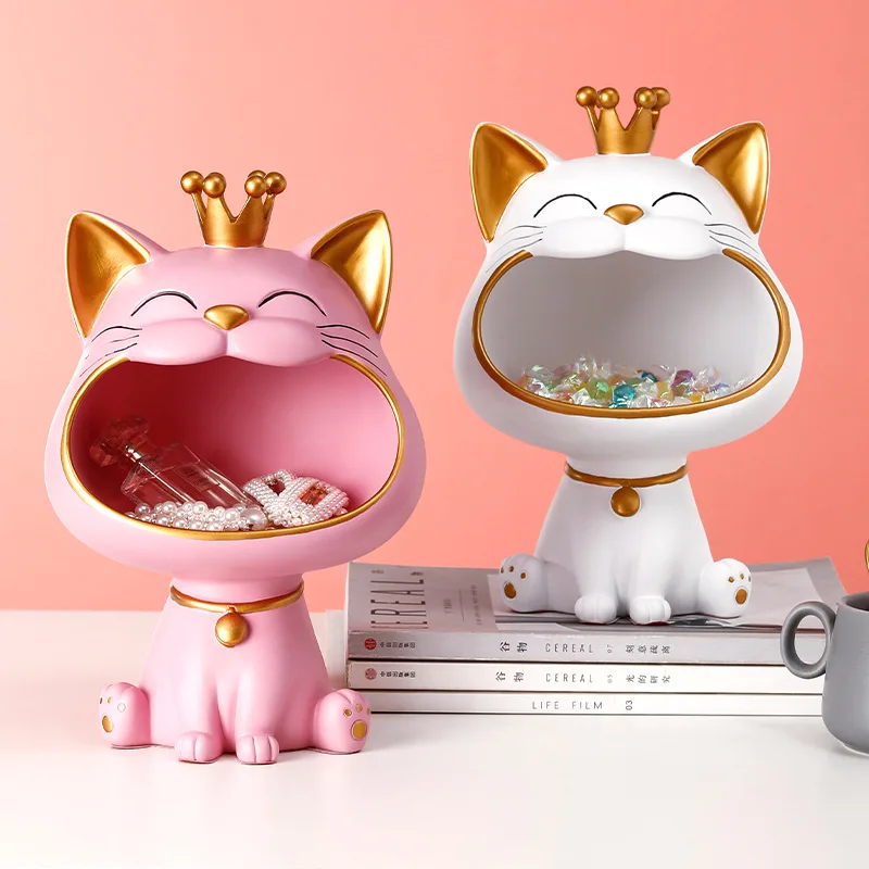 

Lucky Cat Figurine Resin Big Mouth Cat Storage Box Decoration Ornamental Modern Art Sculpture Figurines Desktop Home Decor Gift