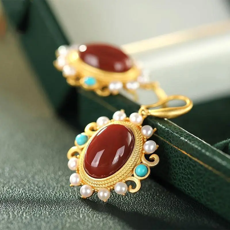 

S925 Sterling Silver South Red Southern Red Agate Pearl Personalized Eardrops Women's Elegant Luxurious Beauty Exquisite Women's
