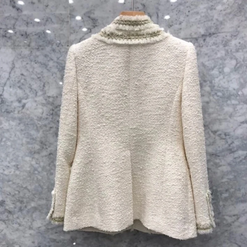 Женский твидовый пиджак винтажный с v-образным вырезом и жемчужинами Офисная