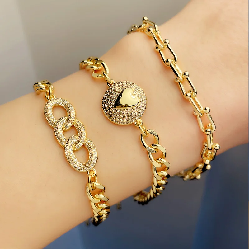 

FLOLA Gold Cuban Curb Link Chain Round Heart Bracelets For Women Chunky Thick Wrist Bracelets Bangles CZ Pave Jewelry brtc82