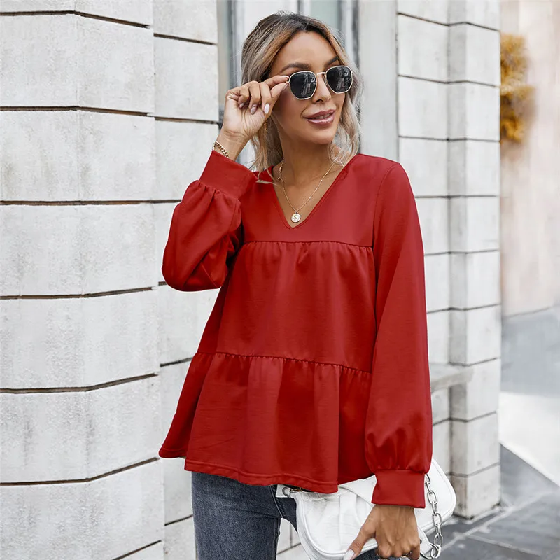 

Women Autumn Casual Classic Vintage Ladies Solid V Neck Pullover Blouse Full Sleeve Oversize Tops Female