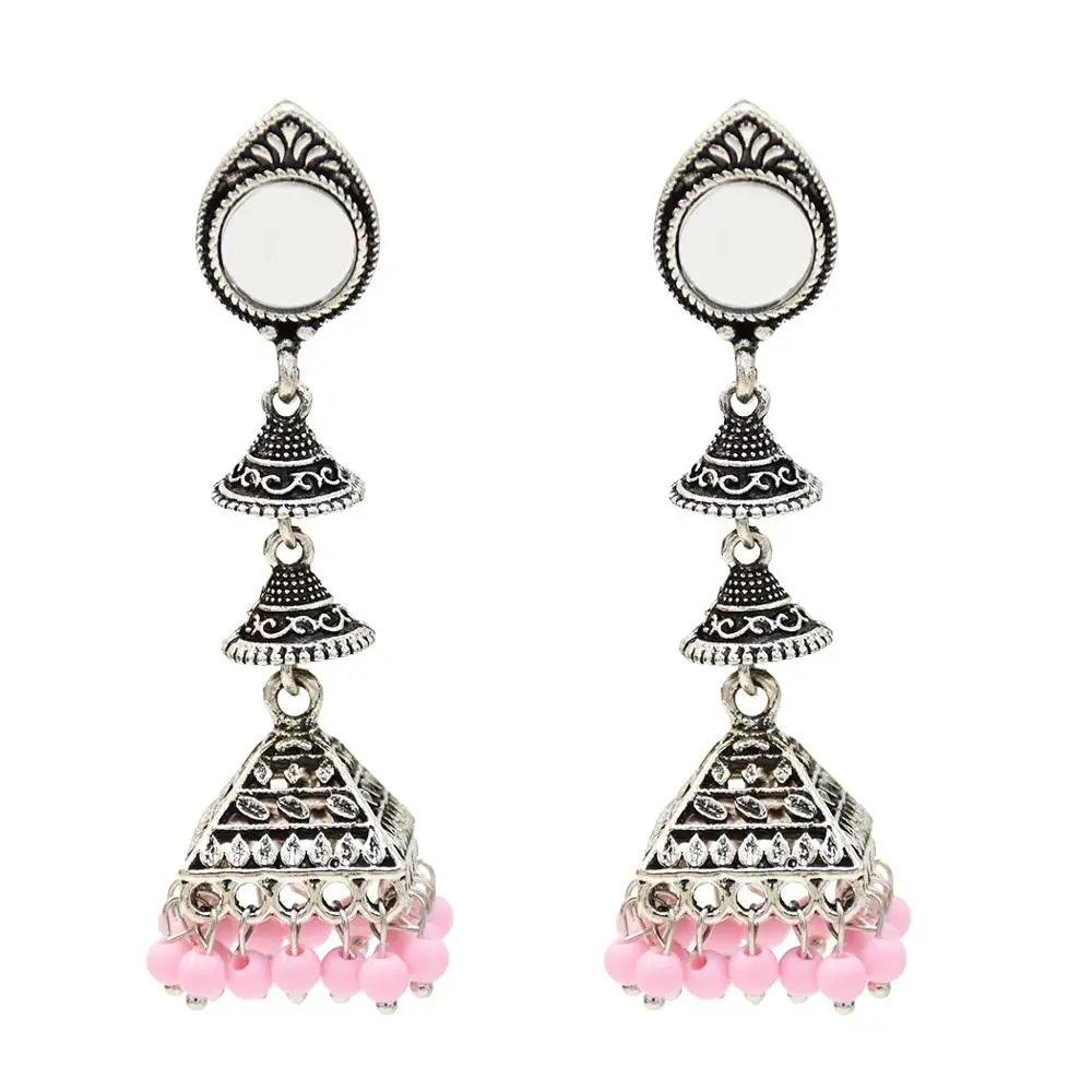 Light Pink Этнические афганские розовые красные серьги из бисера длинные висячие серьги в виде цветов с зеркалом Jhumka индийские серьги Свадебные окисленные ювелирные изделия в Болливуде - Окраска металла: Light Pink