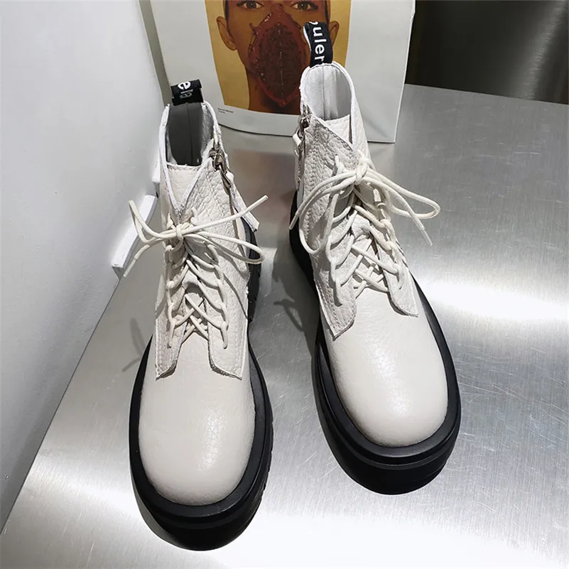 

ANNYMOLI Motorcycle Boots Women Shoes Real Leather Platform High Heel Ankle Boots Zip Thick Heels Lace Up Short Boots Beige 40