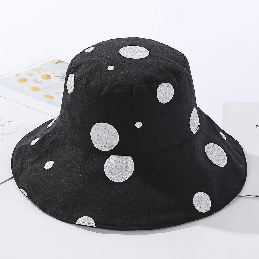 

Hat Women Dot Bucket Hat Cap Sun Protection Large Brim Folding Cotton Bucket Hats For Women 2020 New Fashion