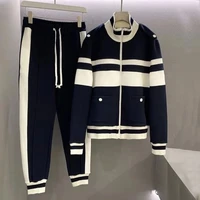 new fall women stripe zipper knitted cardigan coat suits patchwork jogging pants outfit casual knitwear tracksuit two piece sets