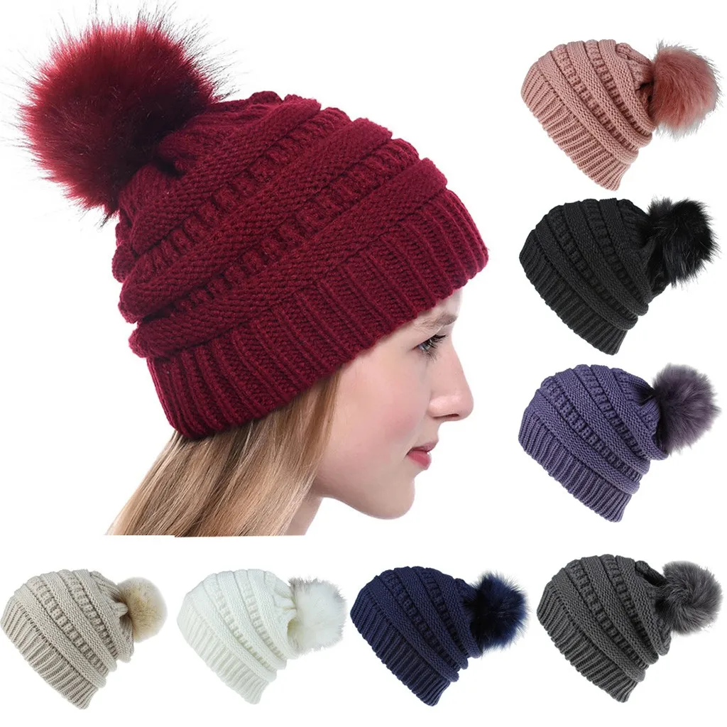 Women Girls Hat Keep Warm Winter Caps Foe Hairball Knitted Hats Wool Hemming Fur Ball 8 Colors Solid Ski | Аксессуары для одежды
