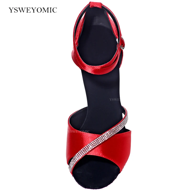 Ballroom Latin Dance Shoes 2021 New Style Red White Black Satin Suede Outsole Meduim Heel 2inch Training Salsa Latin Dance Shoes