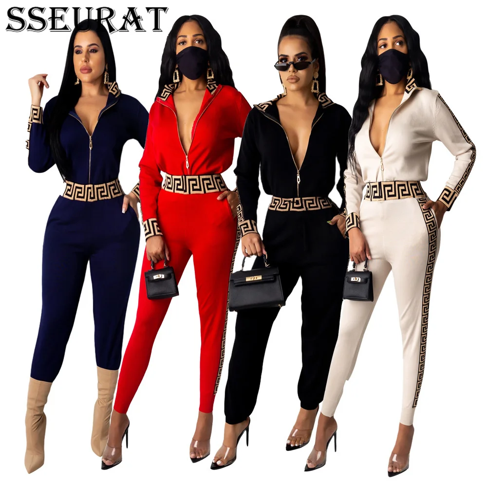 

SSEURAT Women Set Print Long Sleeve Zipper Crop Top and Pants 2 Pieces Set High Street Sexy Tight Club Set