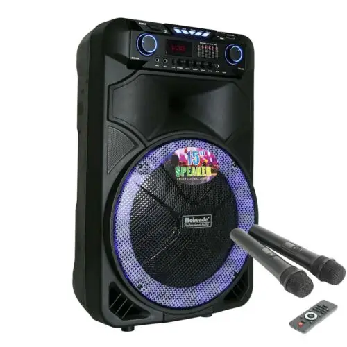 Altavoz port&aacute;til HIFI con Bluetooth para KARAOKE, sistema de Subwoofer de Audio para DJ, con luz LED, 2 micr&oacute;fonos y funci&oacute;n remota TWS, 15 pulgadas-2