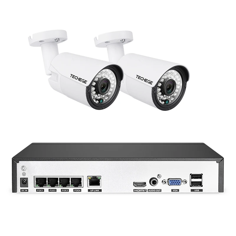 4CH NVR 2 Cameras Techege 4CH система видеонаблюдения 1080P PoE NVR металлическая наружная 2.0мп ip-камера Onvif Cloud 1080 NVR комплект обнаружения движения ночного видения - Цвет: 4CH NVR 2 Cameras
