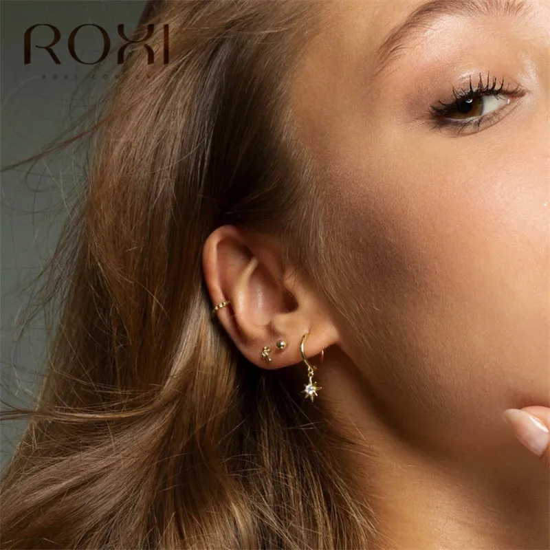 ROXI 925 пробы серебряные серьги корейские мини циркониевые серьги-гвоздики с подвеской для женщин Женские Висячие круглые серьги