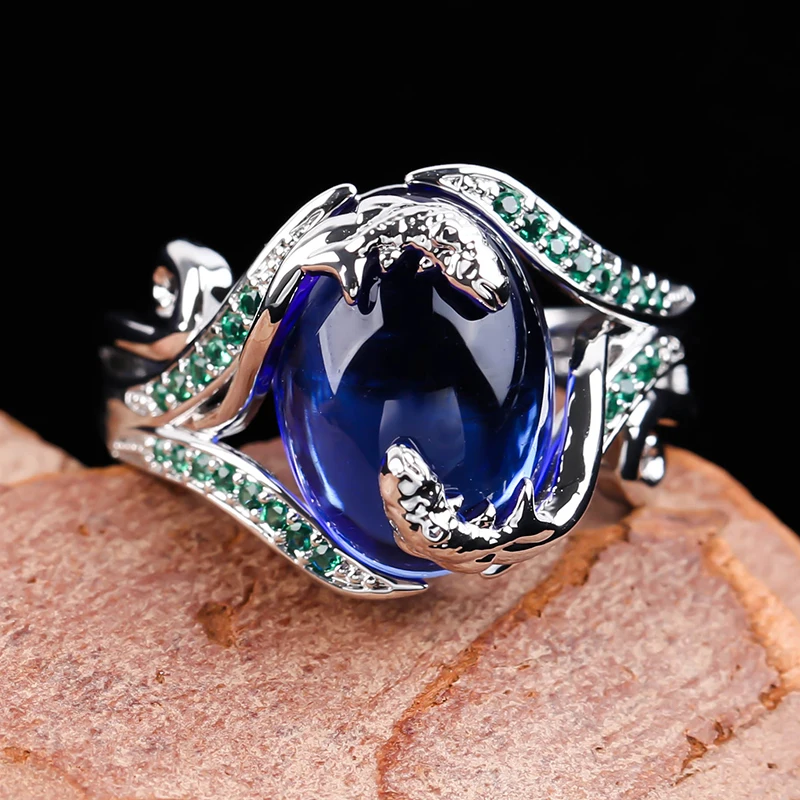 

Exclusive Silver Color Symmetrical Double Fish Swimming Artwork Ring for Women Ldies Sea Blue Zircon Party Ethnic Jewelry