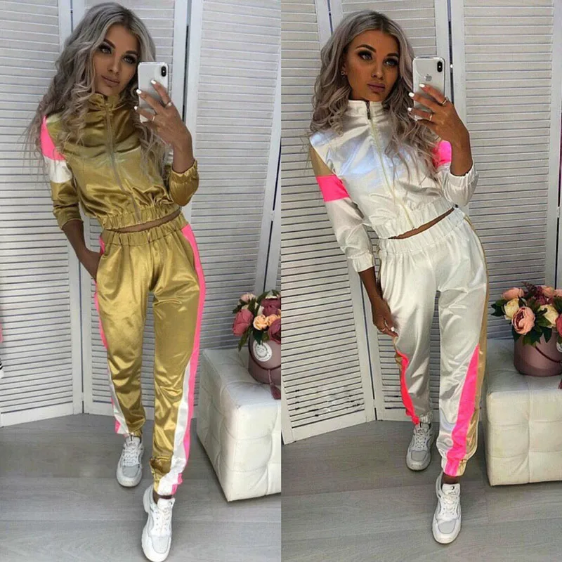

Satin Two Piece Set Women Tracksuit Jacket Crop Top and Pants Jogging Femme Sportswear Matching Sets 2pcs Sweatsuit Outfits