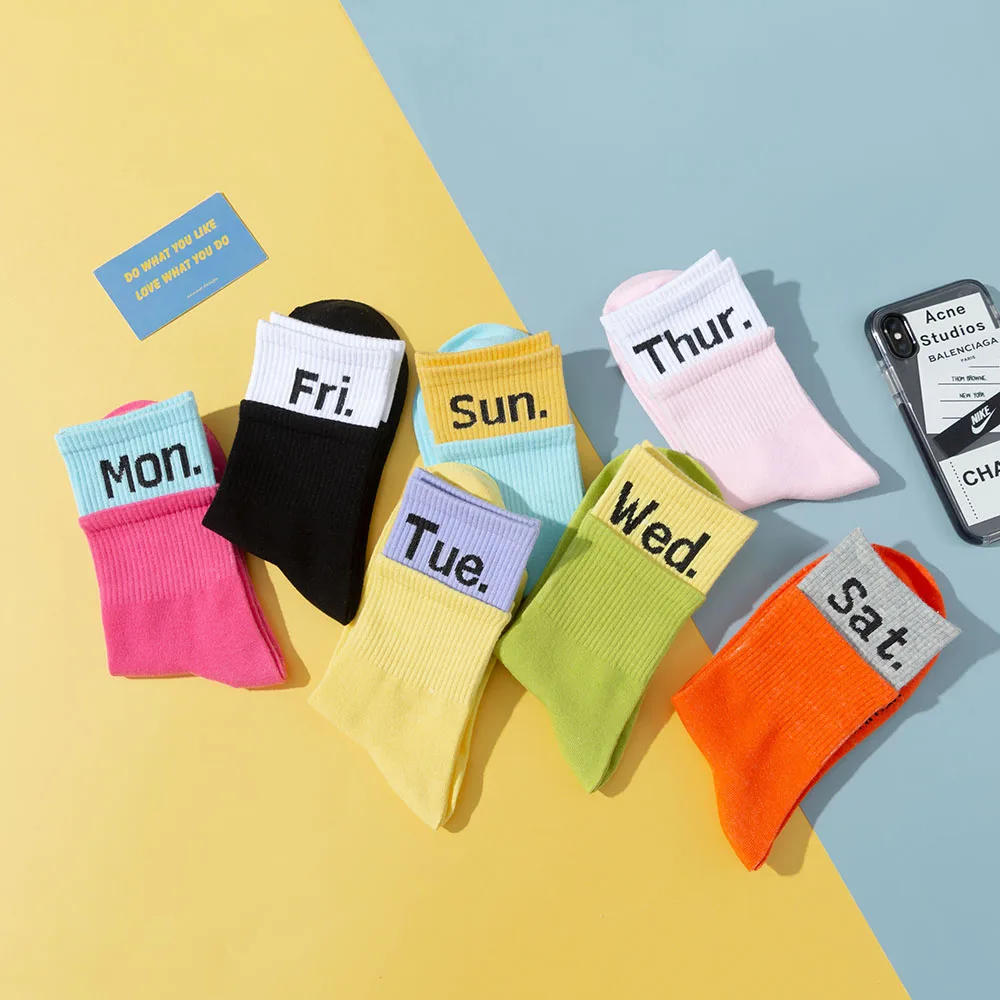New women's color matching letters pure cotton fashion solid casual week socks 7 Pair