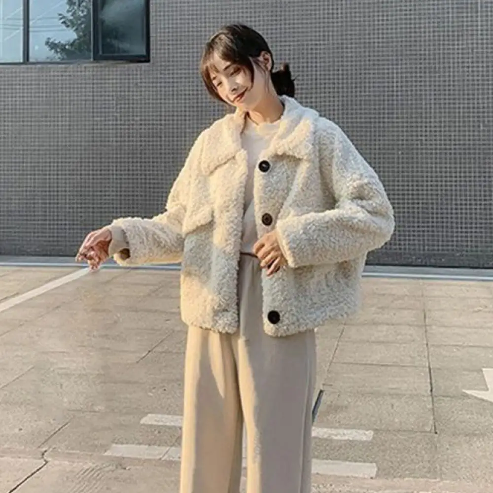 

2021 Women Autumn Winter Buttons Faux Fleece Long Sleeve Coat Jacket Warm Outerwear Pockets Thick Fur Fluffy Outerweat inverno