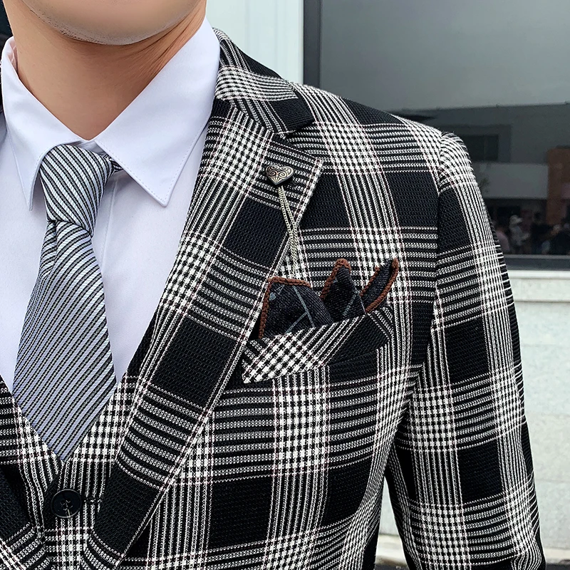 Мужской деловой костюм из трех предметов Блейзер куртка брюки в клетку