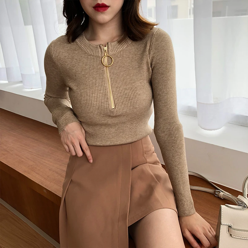 Solid Elastic Winter Coat Women Autumn New Korean Slim Ring Half Zipper High Elasticity Bust Sweater Turtleneck Shirt Female | Женская