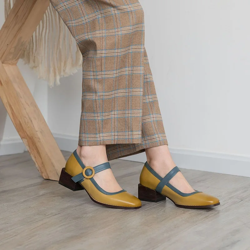 

New 2021 Spring Autumn Women Pumps Genuine Leather Square High Heels Round Toe Shoes Woman Dress Party Casual Mary Janes Pumps