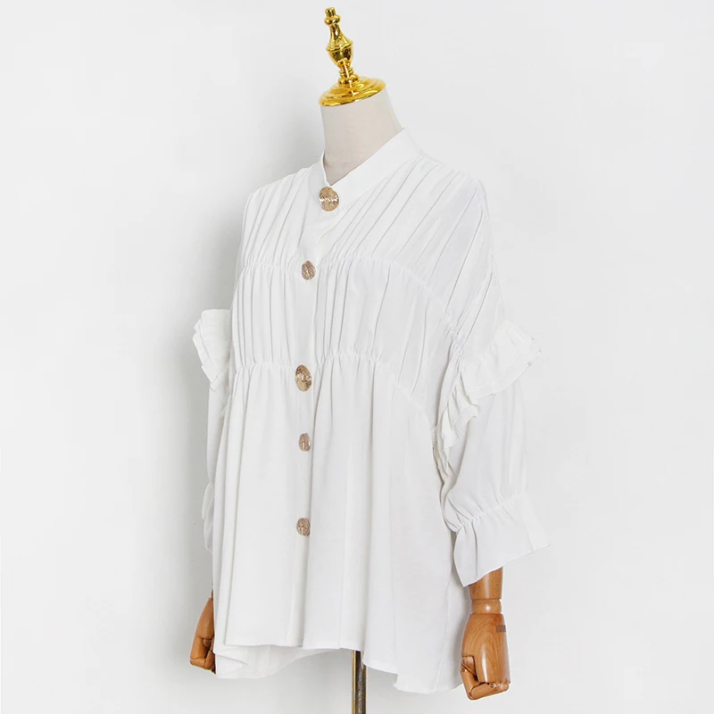 

CHICEVER Solid White Shirts For Women Stand Collar Long Sleeve Buttons Designer Plus Size Ruched Elegant Blouses Female 2021 New