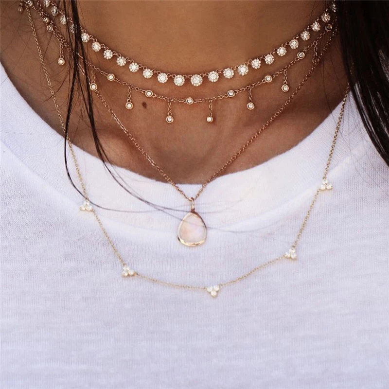 Boho винтажное модное многослойный ожерелье s для женщин Многоэлементный геометрический Хрустальный каменный кулон длинное ожерелье подарок ювелирные изделия - Окраска металла: NE-0054-5
