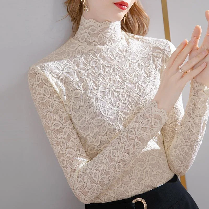 

Woman Spring Autumn Style Lace Blouses Shirts Lady Casual Long Sleeve Turtleneck Leaf Printed Lace Blusas Tops DF4253