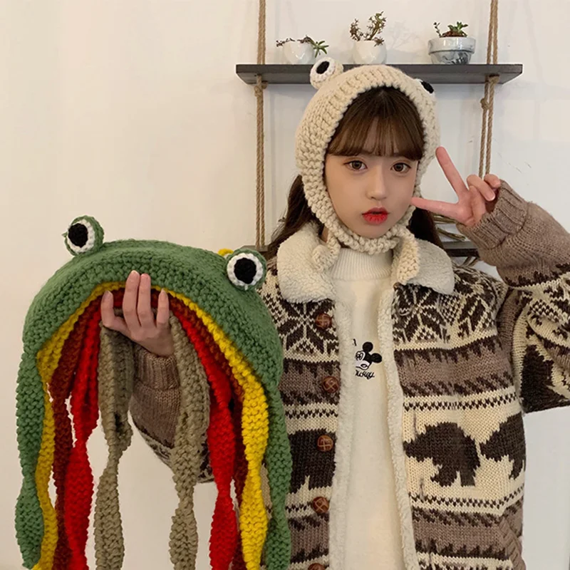 2021 Fashion Autumn Winter Frog Hat Beanies Knitted Hat Solid Hip-hop Cute Knitted Hat Cap Ladies Girls Warm Winter Bonnet images - 6