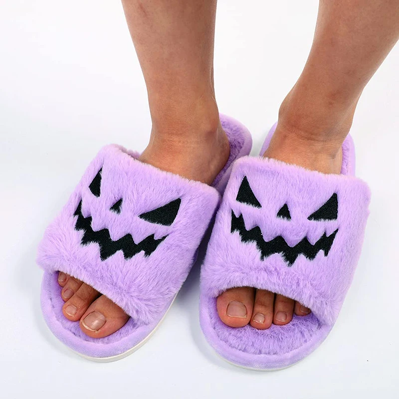 2021 new purple halloween fuzzy house slippers jack o lantern pumpkin shoes funny kawaii slippers for girls claquette femme free global shipping