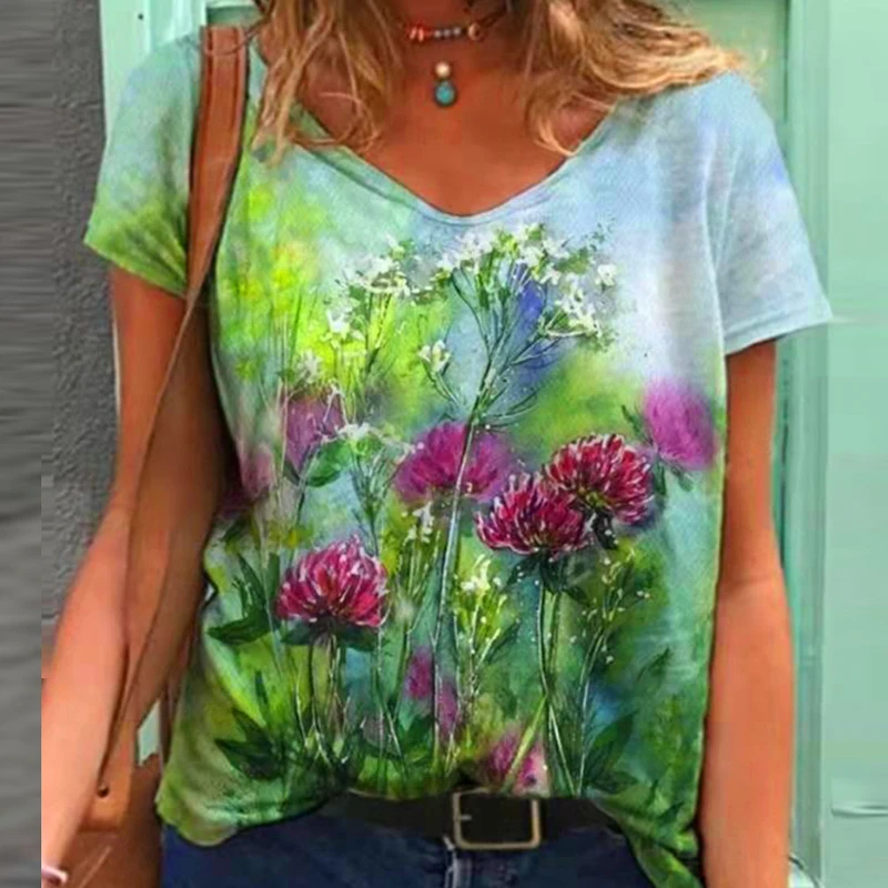 

Neck Spring Summer Blouses Shirts Fashion Short Sleeve Pullover Top Streetwear Elegant Floral Print
