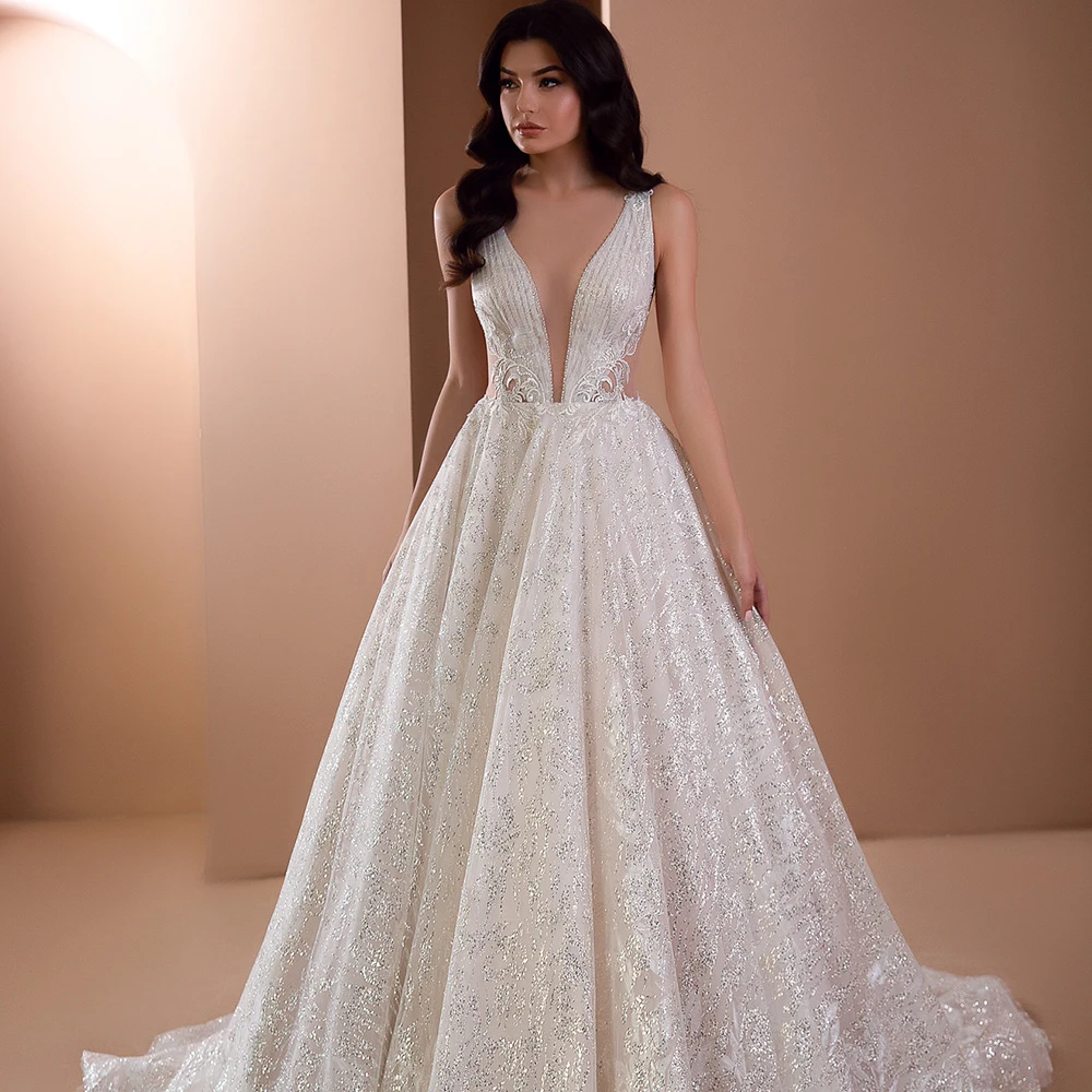 

Elegant V Neck Wedding Dresses 2021 Appliques Sleeveless Shiny A-Line Sweep Train Tulle Long Bridal Gowns Vestidos De Novia