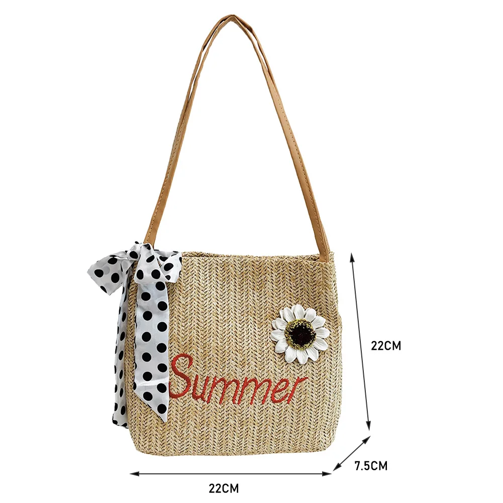 

2021 Summer Women Straw Woven Letters Embroidery Female Shoulder Bag Summer Sunflower Shopping Handbags Women Shopper Bags