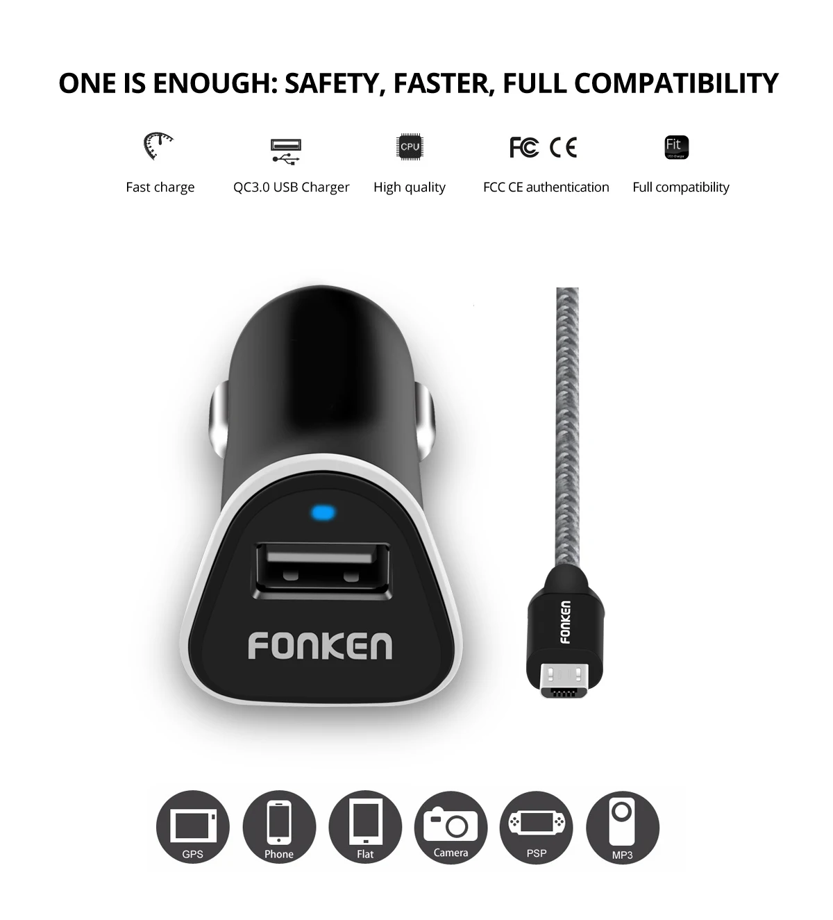 Автомобильное зарядное устройство FONKEN Quick Charge 3 0 портативное универсальное