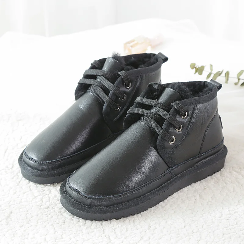 2021 Fashion Beckham snow boot for men lace-up winter shoes real sheepskin leather nature wool fur ankle short boots | Обувь
