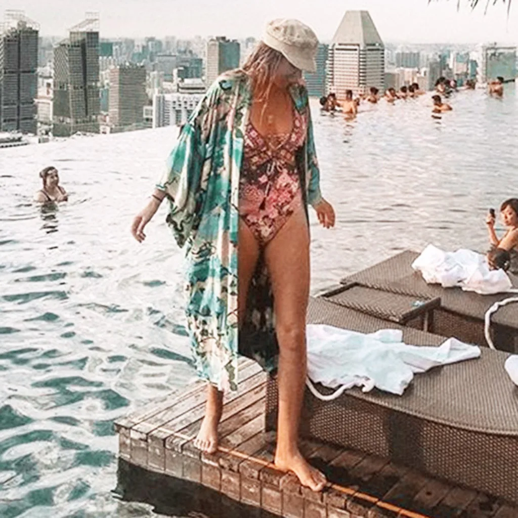 Женское кимоно с расклешенными рукавами Пляжное платье цветочным принтом