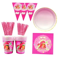 60pcs strawberry girl birthday party supplies sweet girl disposable tableware disposable straws banners plates cups napkins