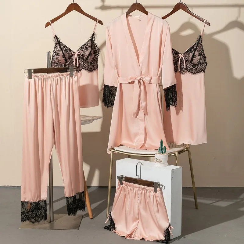 

Lace Pajamas Satin 5PCS PJS Set Women Nightwear Sexy Kimono Bathrobe Gown V-Neck Sleepwear Summer Intimate Lingerie Loungewear