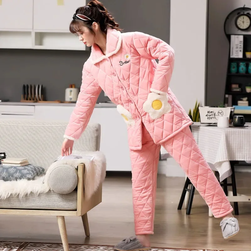 Pajamas Women 2021 Winter Three-Layer Thick Coral Fleece Quilted Jacket Korean Style Cute Warm Velvet Ladies Home Service Suit