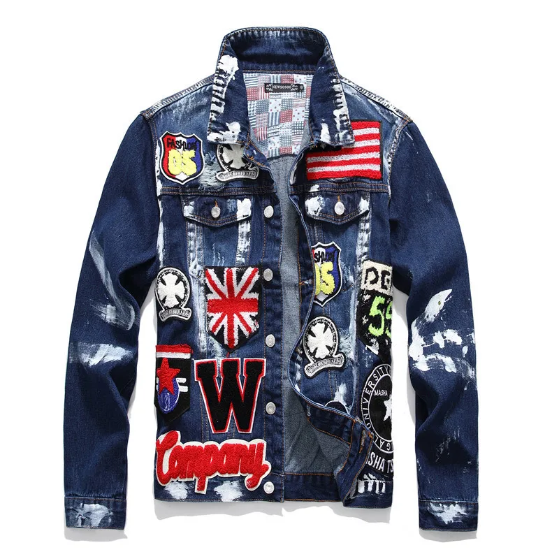 

European American Style men Embroidery Letters Denim Jacket Brand Luxury Men Outerwear & Coats Blue Jacket Slim Jacket for Men