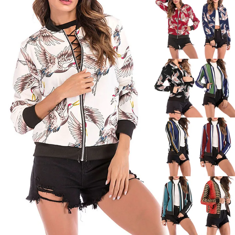 

Women Autumn Flying Crane Print Baseball Jacket Long Sleeve Stand Collar Jacket Campus Coat BMF88
