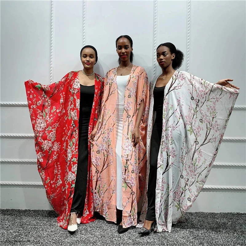 

Women Peach Blossom Printed Chiffon Cardigan Abaya Kimono Batwing Sleeve Irregular Summer Beachwear Robe Muslim African Dubai