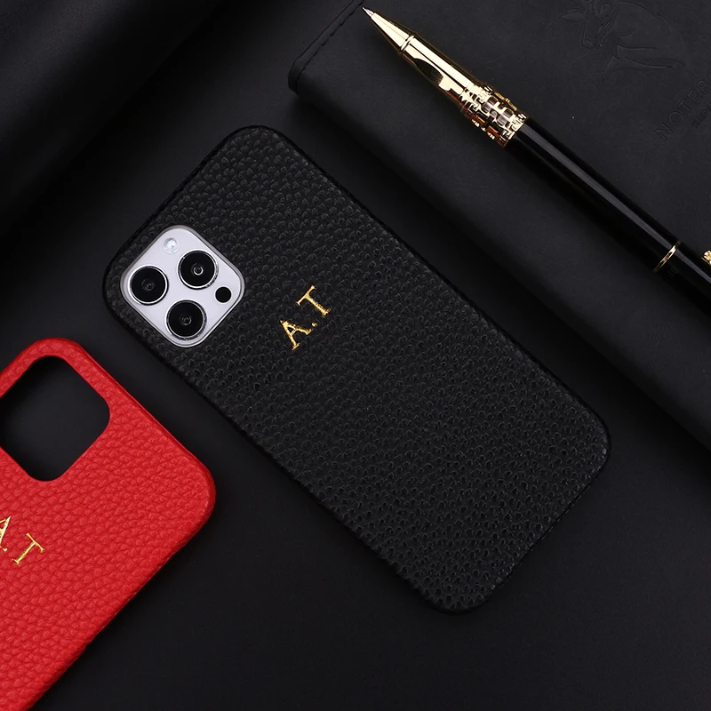 Personalization Custom Initial Name Pebble Grain Leather Phone Cover For iPhone 12 11 Pro X XR XS Max 7 8 Plus DIY  Phone Case