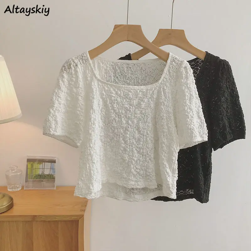 

Blouses Women Solid Simple Cozy Fashion Slim All-match Summer New French Style Vintage Leisure Temperament Hollow Out College
