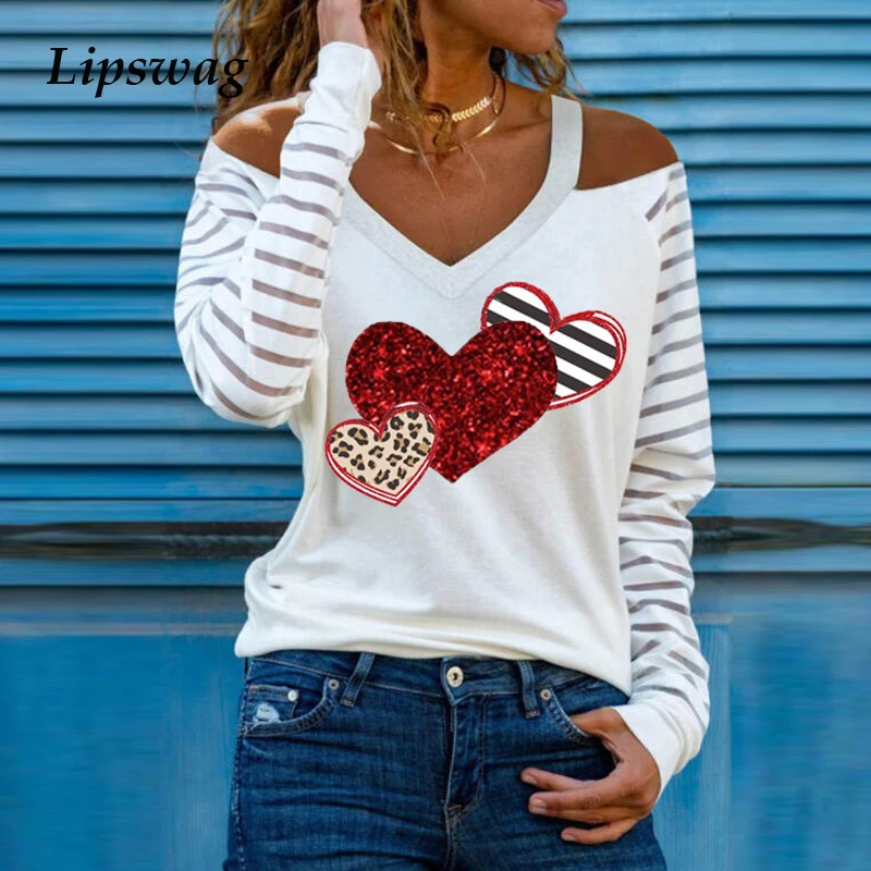 

Fashion Hearts Printed V-Neck Blouse Women Shirts 2021 Spring Casual Long Sleeve Pullovers Female Elegant Off Shoulder Blouses