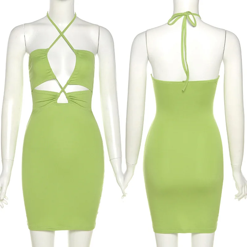 

Halter Neck Green Mini Summer Dress Backless Cut Out Bandage Bodycon Dress Women Sexy Night Club Dress
