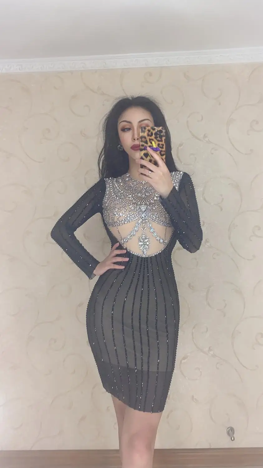 

Женское Прозрачное платье с длинными рукавами, серебристо-черные стразы, платье для танцев, наряд на день рождения