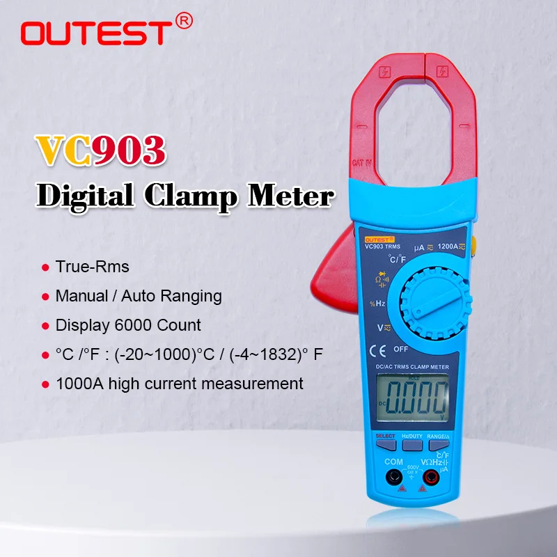 

OUTEST VC903 True RMS AC/DC digital clamp meter auto range ac dc voltage current resistance capacitance duty cycle 1%~99%