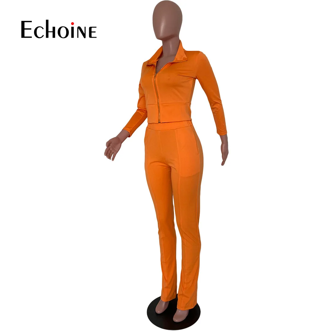 

Echoine Autumn Women Casual Suit Solid Color Long Sleeve Zipper Turn-down Collar Tops & Trousers Fashion Sports Two Piece Set